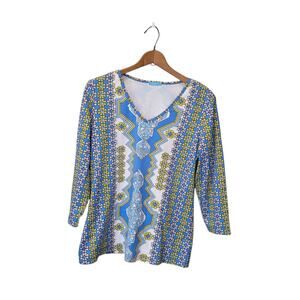J Mclaughlin Catalina Cloth V Neck Multicolor Floral Geometric Top Large Stretch